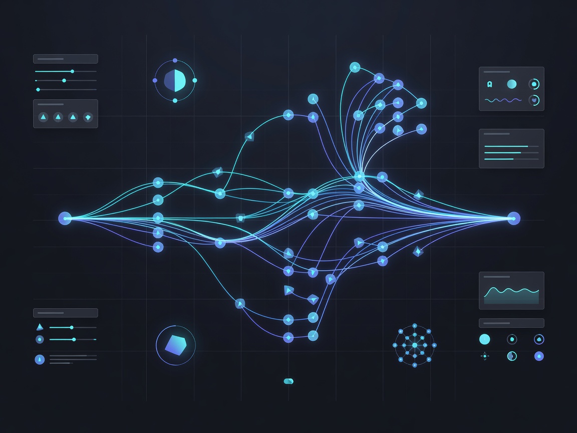 UI workflow dashboard visualizing active generative design neural node graph in dark mode