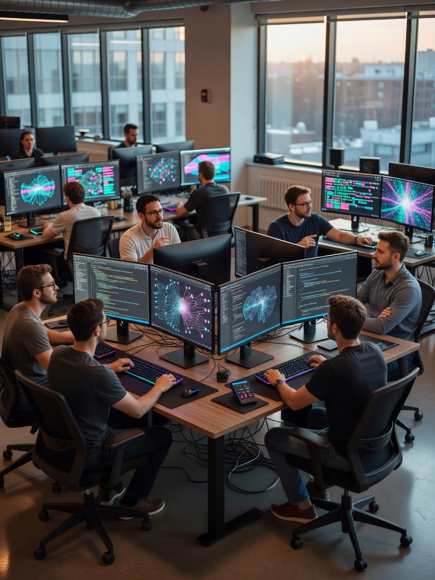 Work space of Sigxal Studios team showing screens with neural layouts and code